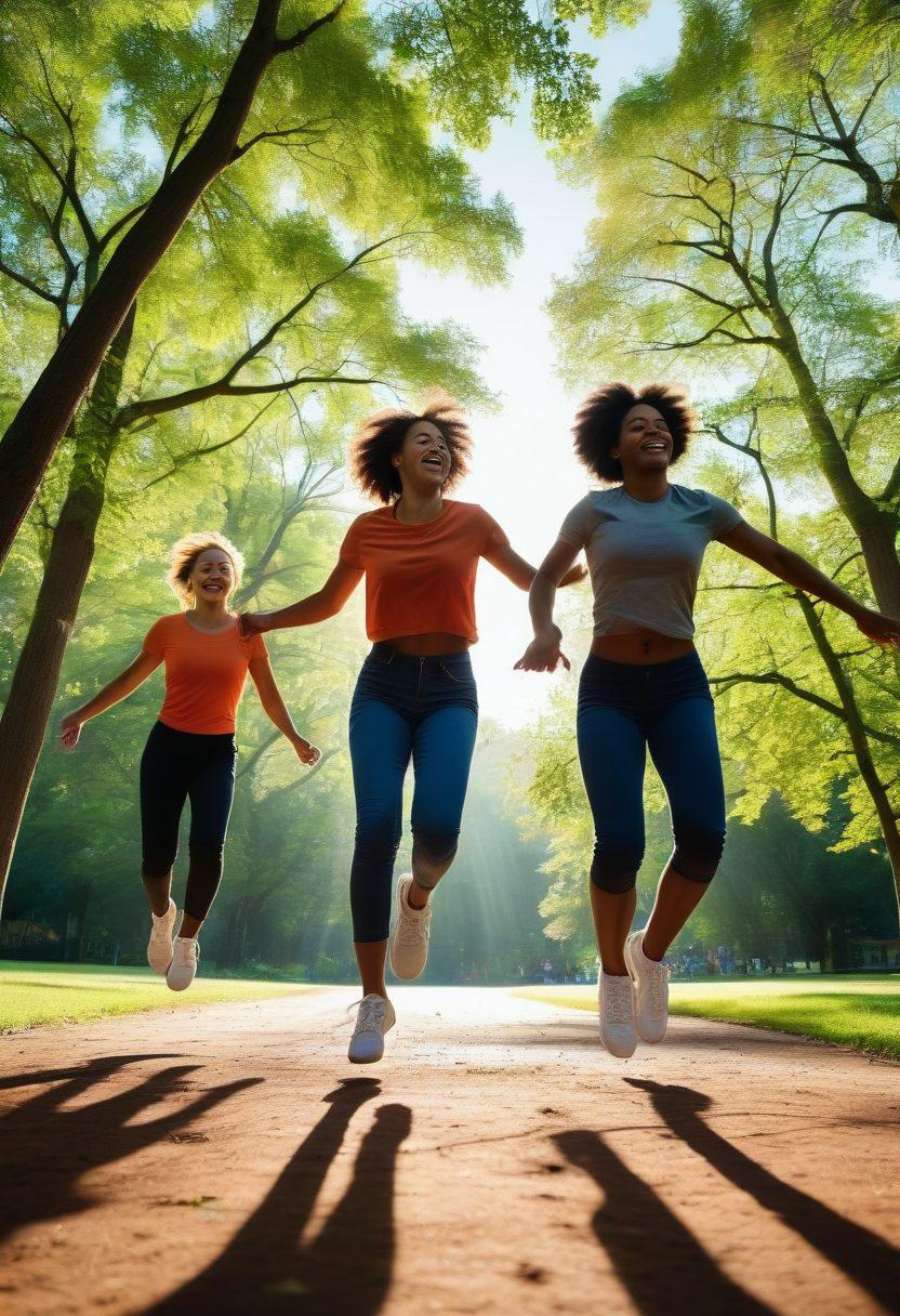 A lively park scene showcasing a diverse group of people energetically jump roping in synchronized Double Dutch style, with vibrant colors depicting enthusiasm and camaraderie. One person demonstrating safety techniques while others jump joyfully, surrounded by greenery and sunlight filtering through the trees. The atmosphere exudes fun and fitness, inviting viewers to join in. super-realistic. vibrant colors. 3D.