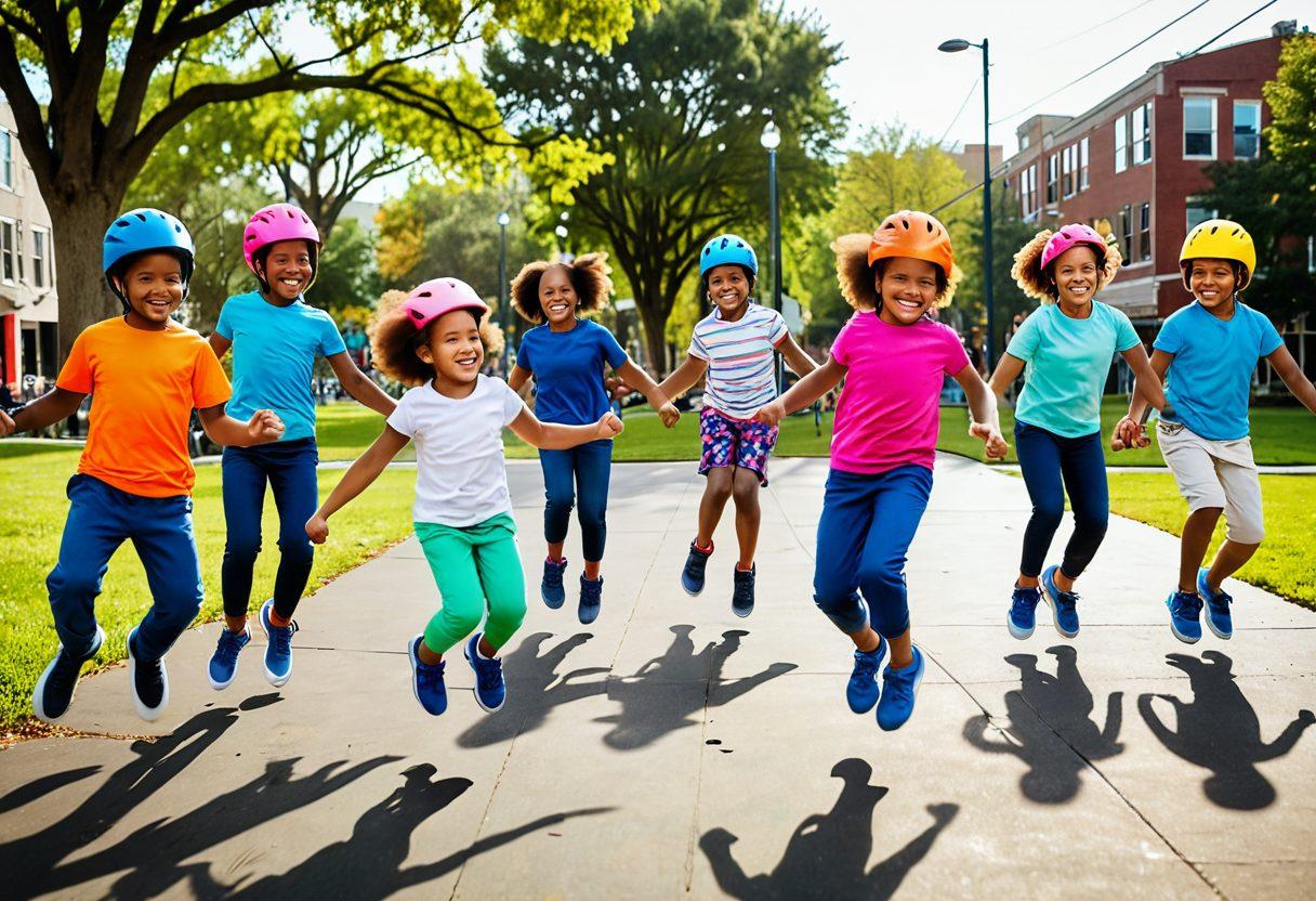 A dynamic scene of diverse children joyfully jumping double dutch in an urban park, showcasing vibrant ropes and bright athletic wear. Include safety equipment like helmets and knee pads, with enthusiastic parents cheering in the background. Infuse energy with motion blur to emphasize the fun and fitness aspect. super-realistic. vibrant colors. urban setting.