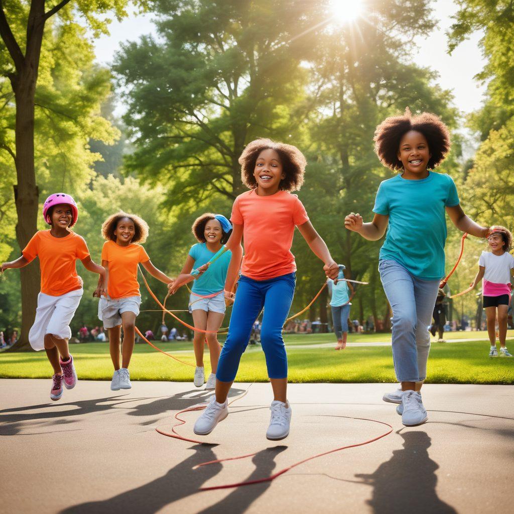 A lively outdoor scene featuring a diverse group of children and adults joyfully playing Double Dutch, with vibrant jump ropes flying through the air. Include safety gear like helmets and knee pads for a sense of security. The background should show a bright, sunny park with trees and laughter, evoking a sense of fun and fitness. Capture the essence of playfulness and safety in action. vibrant colors. super-realistic.